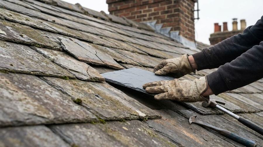 Roofer replacing a slipped slate tile by hand