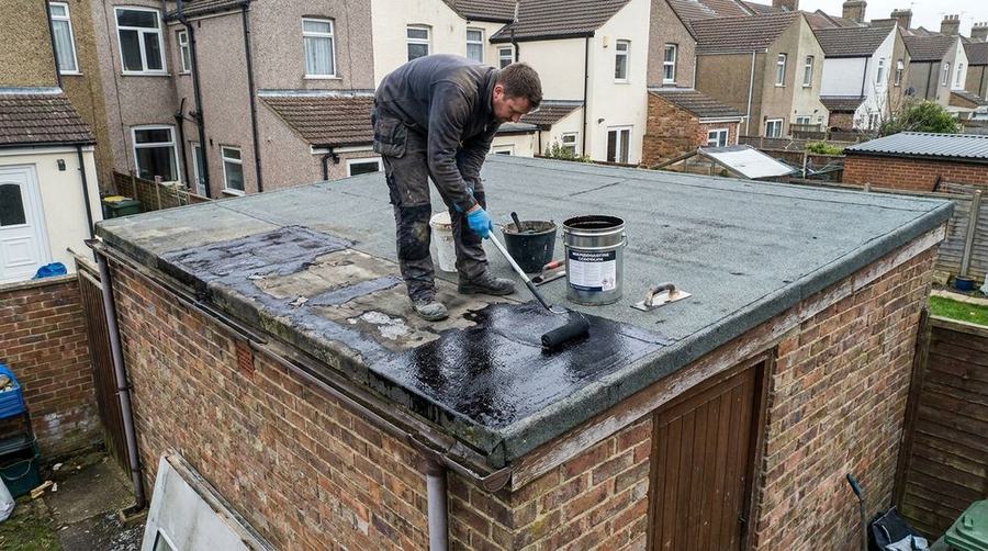 Tradesman applying liquid waterproofing to a flat roof